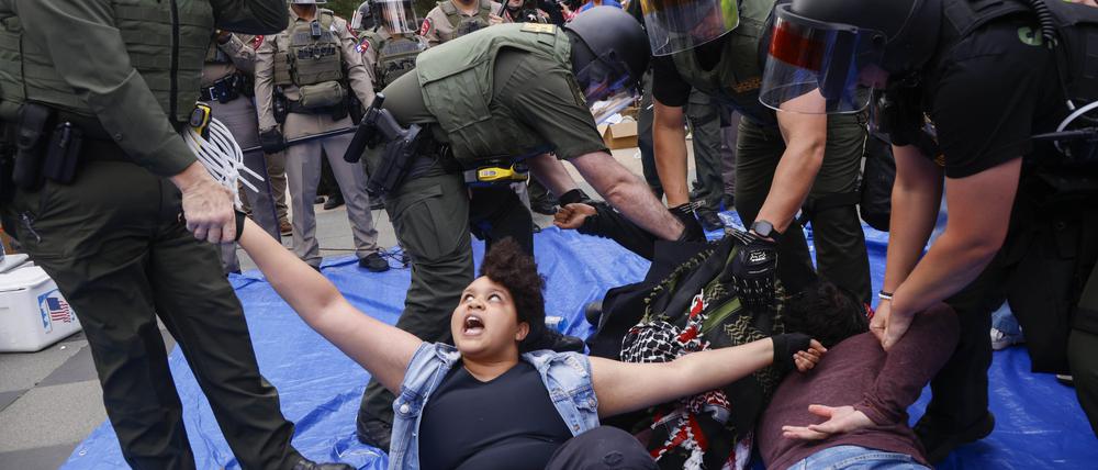 Ein Demonstrant wird in Gewahrsam genommen, als die Polizei ein Lager pro-palästinensischer Studenten an der University of Texas in Dallas auflöst. 