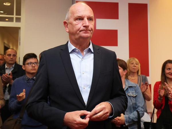 SPD-Landeschef Dietmar Woidke nach der Wahl in der Potsdamer SPD-Zentrale. 
