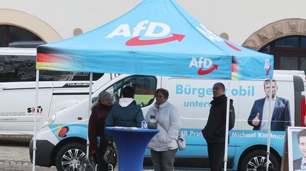 Ein Wahlkampfstand der AfD steht auf dem Marktplatz. 