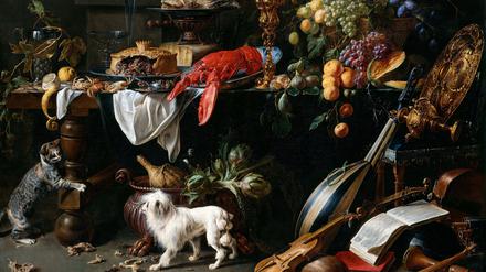 Adriaen van Utrechts „Großes Stillleben mit Hund und Katze“ von 1647.