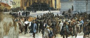 Adolph Menzels Gemälde „Aufbahrung der Märzgefallenen“ (Ausschnitt) entstand 1848 und zeigt die Menge am Gendarmenmarkt.