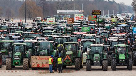 Zahlreiche Traktoren stehen während einer Kundgebung des Bauernverbandes gegen die Sparpläne der Bundesregierung auf dem Volksfestplatz in Nürnberg.