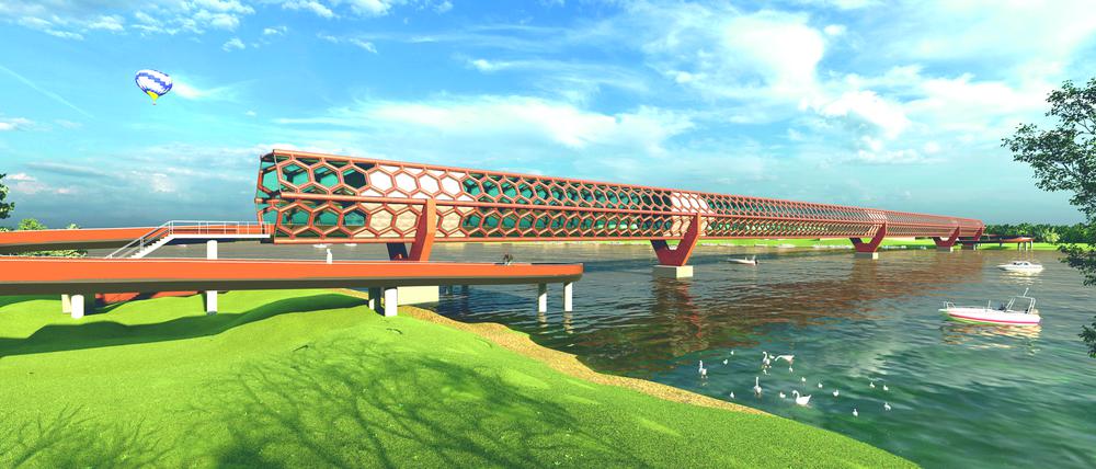 In der Machbarkeitsstudie befinden sich alternative Visualisierungen für eine Brücke für Fußgänger und Radfahrer zwischen Potsdam-West und  der Halbinsel Hermannswerder.