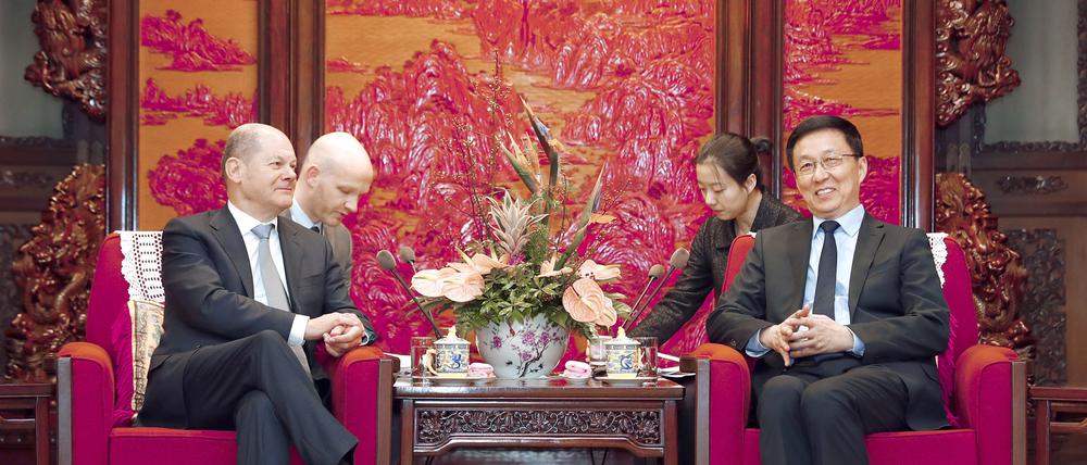 Harmonie aus einer anderen Zeit: Olaf Scholz 2019 als Bundesfinanzminister zu Besuch bei Han Zheng, damals erster Vizepremierminister. 