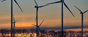 Sonnenaufgang hinter dem Windenergiepark „Odervorland“ in Brandenburg. 