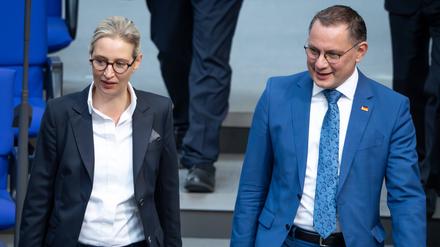 Die AfD-Vorsitzenden Alice Weidel und Tino Chrupalla im Deutschen Bundestag.