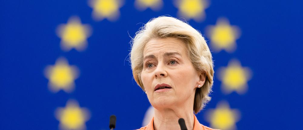 Frankreich, Straßburg: Ursula von der Leyen (CDU), Präsidentin der Europäischen Kommission, steht im Gebäude des Europäischen Parlaments und spricht.