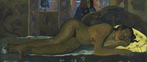 „Nimmermehr“ von Paul Gauguin aus dem Jahr 1897. Der Titel verweist auf Edgar Allen Poes Gedicht „Der Rabe“ an, in dem ein wahnsinnig gewordener Dichter immer wieder das Wort zu hören glaubt.