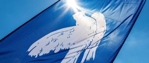 ARCHIV - 17.04.2022, Brandenburg, Frankfurt (Oder): Eine Fahne mit einer Friedenstaube verdeckt die Sonne. (zu dpa: «Ostermärsche in Brandenburg · Menschen demonstrieren für Frieden») Foto: Frank Hammerschmidt/dpa +++ dpa-Bildfunk +++