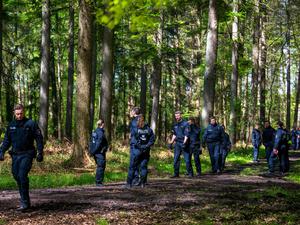 Einsatzkräfte durchsuchen ein Waldstück bei Bremervörde. 