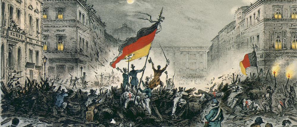  Von der Geschichte gezeichnet. Dieser Kreidelithographie-Druck zeigt die Straßenkämpfe in der Breiten Straße in der Nacht vom 18. zum 19. März 1848. 