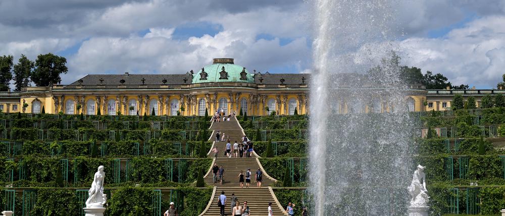 Eine Fontäne sprüht Wasser in die Luft im Park vor Schloss Sanssouci.