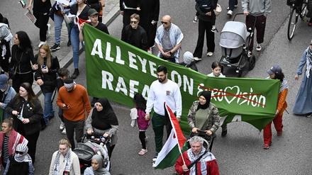 People gather for a rally in Malmo, Sweden, in protest against Israel's participation in the 68th edition of the Eurovision Song Contest (ESC) on May 9, 2024. (Photo by Johan NILSSON / TT NEWS AGENCY / AFP) / Sweden OUT
