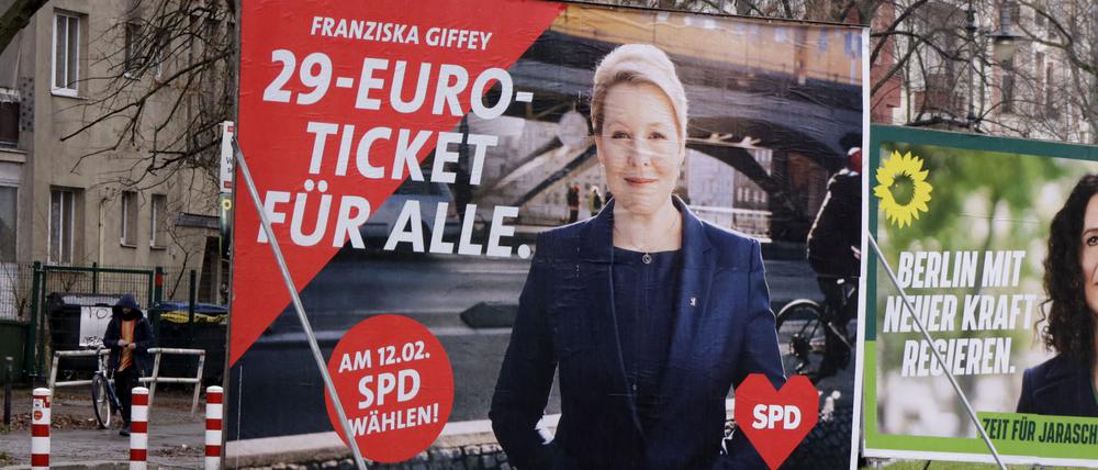 Wahlplakat der SPD mit Franziska Giffey im Januar 2023 zur Wiederholungswahl zum Berliner Abgeordnetenhaus.
