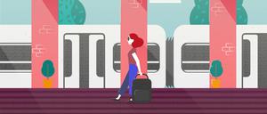 Eine Frau mit Koffer wartet auf ihren Zug – klimafreundliches Reisen spielt bei vielen Menschen eine wachsende Rolle.