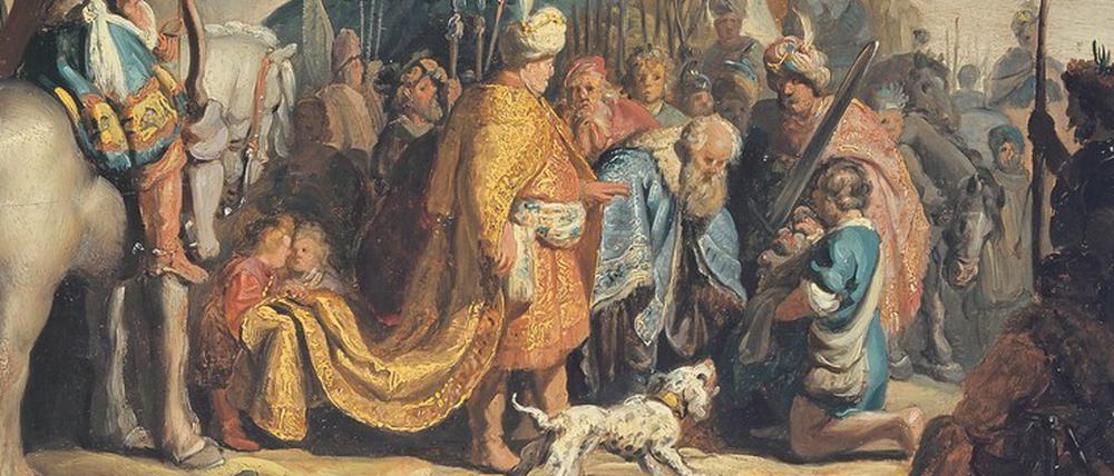 Rembrandt malte bereits als junger Mann um 1627 die beiden Kleinformate der biblischen Szene „David übergibt Goliaths Haupt dem König Saul“ ...