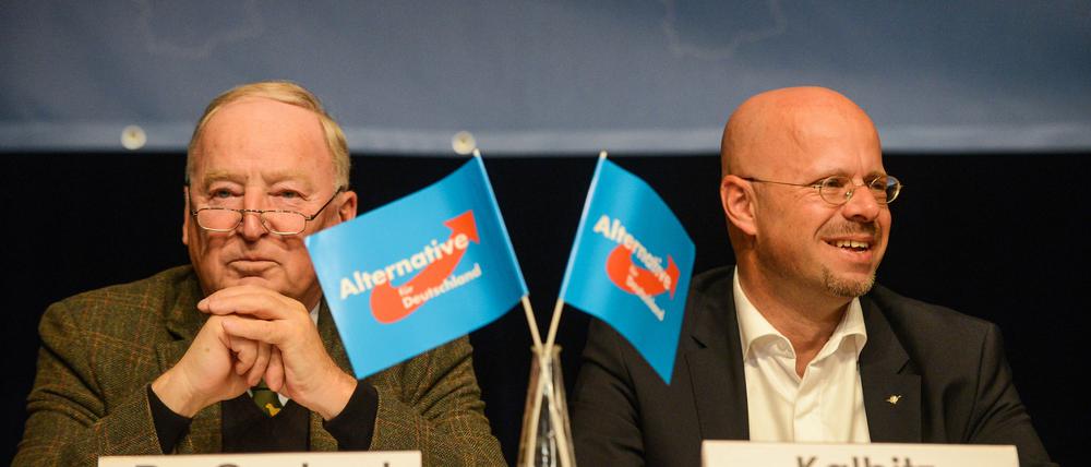 AfD-Bundessprecher und Ehrenvorsitzender Alexander Gauland (l.) und Landesvorsitzender Andreas Kalbitz sitzen beim Landesparteitag in Brandenburg.