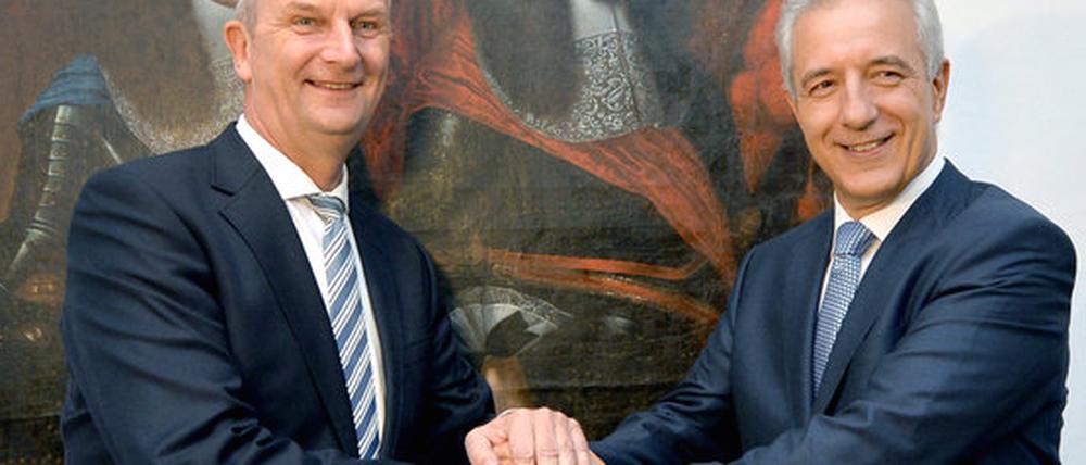 Brandenburgs Ministerpräsident Dietmar Woidke und sein Amtskollege Stanislaw Tillich.