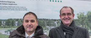 Oliver Glaser und Martin Grießner 2017 bei der Vorstellung der Tram-Verlängerung zum Jungfernsee.