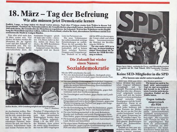 Politiker und Pfarrer. Steffen Reiche 1990 im SPD-Extrablatt.