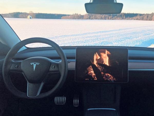 Ein junger Testfahrer aus Potsdam war begeistert vom Lagerfeuer, das sich auf dem Armaturen-Bildschirm des Autos abrufen lässt (Foto o.r.). 