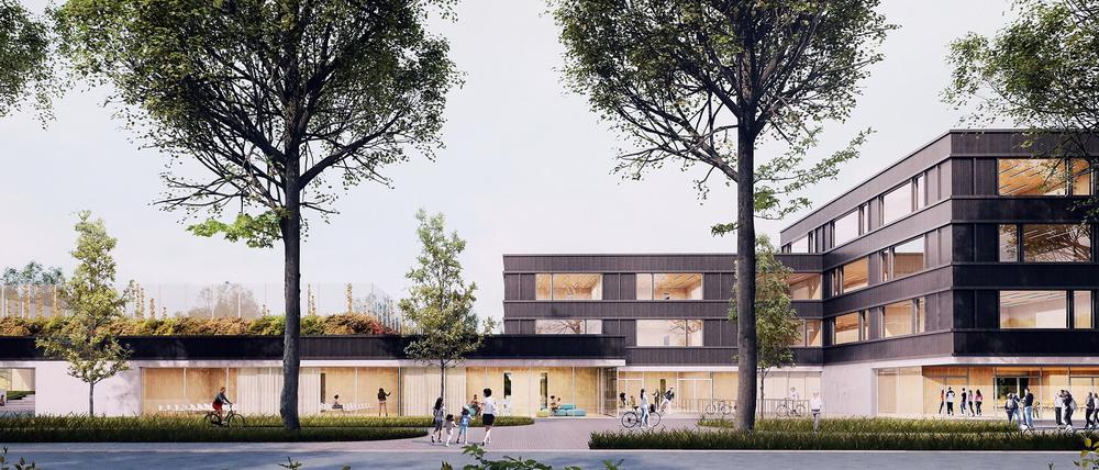 Die Dresdner Architektenbüros „Atelier Schmelzer Weber“, Höhne Fitschen + Partner und „Querfeldeins“ mit ihrem Entwurf für das neue Gymnasium.