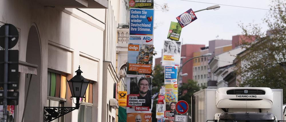 Große Auswahl: Wahlplakate bis oben hin in Potsdam.