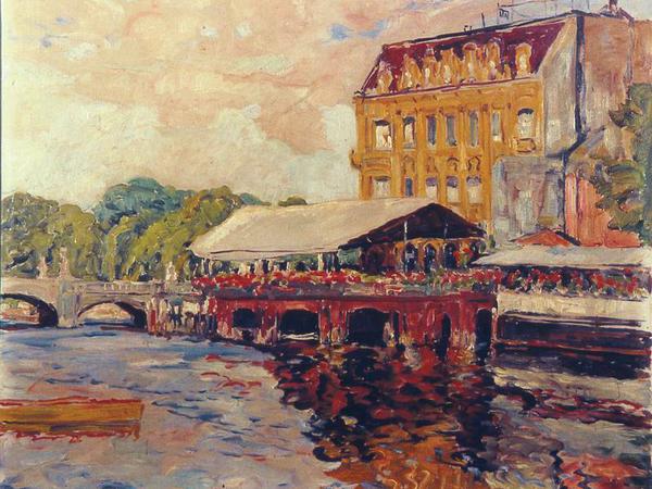 Philipp Franck schwelgte in seiner Licht-Luft-Wassermalerei. 1928 malte er das Havelgewässer am Palasthotel an der Langen Brücke (Ausschnitt).