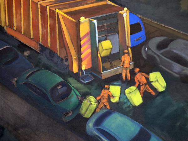 Rohns letztes Ölbild, "Gelbe Mülltonnen am Wintermorgen", blieb unvollendet. 