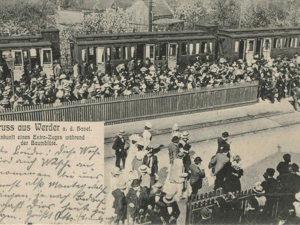Die Ankunft eines Extra-Zuges am Werderaner Bahnhof um 1902.