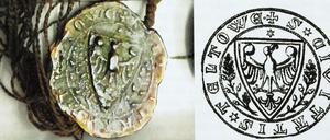 Das älteste bekanntes Siegel der Stadt Teltow von 1289 mit Siegelabdruck.